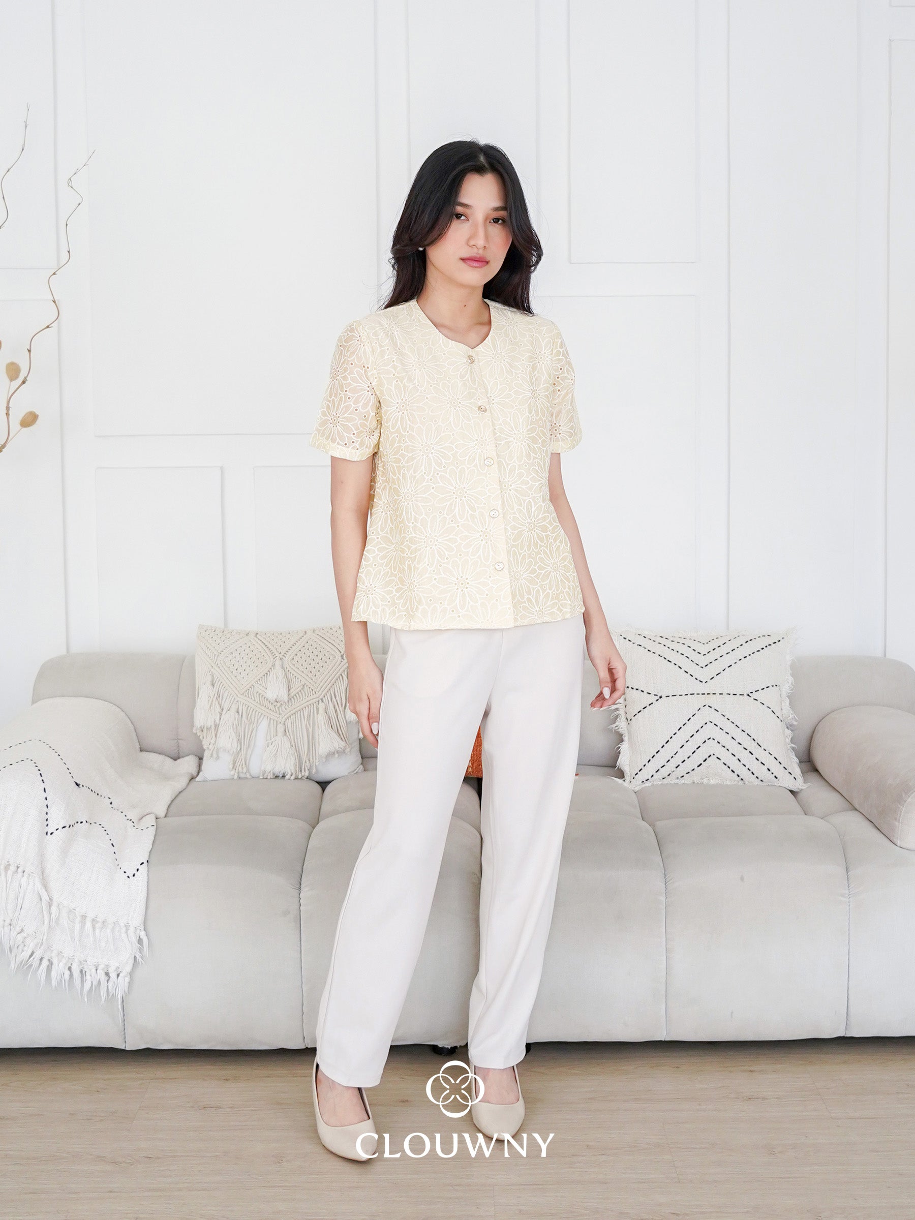 Forest Button Embroidery Blouse - Yellow